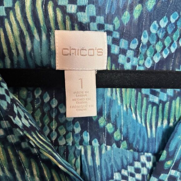CHICOS Top Womens 1 Medium Blue Multicolor Chevron Metallic Art To Wear Blouse - Picture 7 of 9